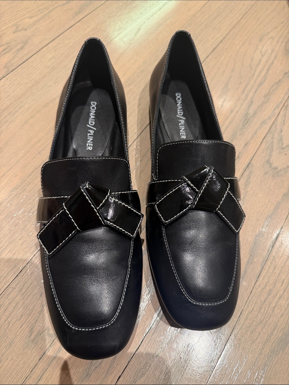 Donald J. Pliner Black Leather Loafers with Knotted Patent Accent